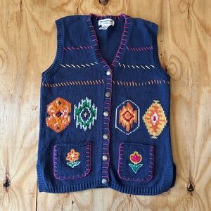 The Eagle’s Eye Vintage Hand Knit Embroidered Navy Vest with Floral Accents